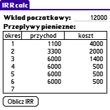 Formatka główna aplikacji obliczającej wartość IRR.